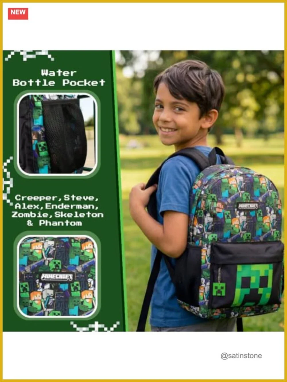 Minecraft Steve & Creeper Graphic Print Zip-Up Backpack for School Kids